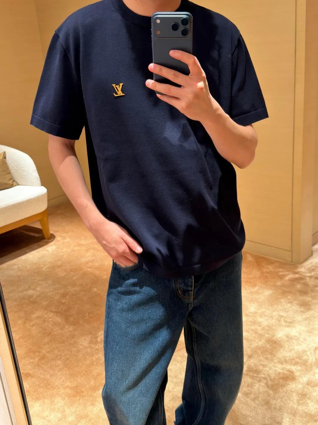 Louis Vuitton/Louis Vuitton 26ss chest silicone badge knitted short sleeves